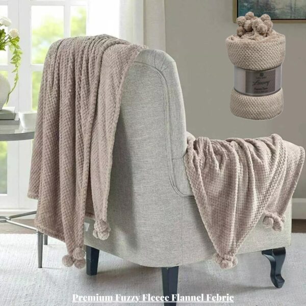 Pompom Waffle Throw Mink Blanket - Warm & Soft - UK Size Double & King - Available in Double & King Sizes