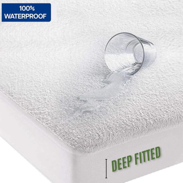 Luxury 100% Waterproof Terry Mattress Protector Deep Fitted Sheet Mattress Cover Breathable Non-Noisy In White Colour Sizes (Single, 4FT/Small Double, Double, King, Super King)