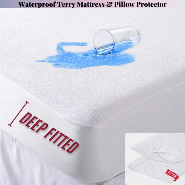 Waterproof Terry Towel Mattress Protector with FREE Pillow Protector Pairs Fitted Bed Cover with Waterproof Bed Accessories (in All UK Sizes)