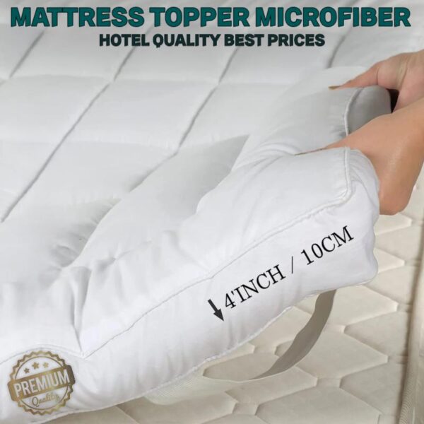 4" Inch (10cm) Deep Mattress Topper Luxury Soft Hotel Quality Microfiber Matress Topper with Elastic Straps - Single 4Ft Double King Super King Sizes