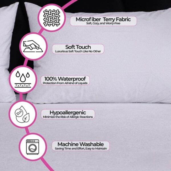 Waterproof Terry Toweling Pillow Protectors Pack of 2 & 4 Washable Pillow Cases with Zipper Closure - Standard Case Cover (50 x 75 cm) - Image 4